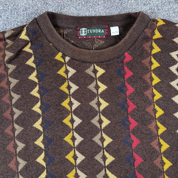 Vintage Tundra Sweater Mens XL Brown Knit Geometric Pattern Grandpa Cozy 90s - Picture 5 of 11